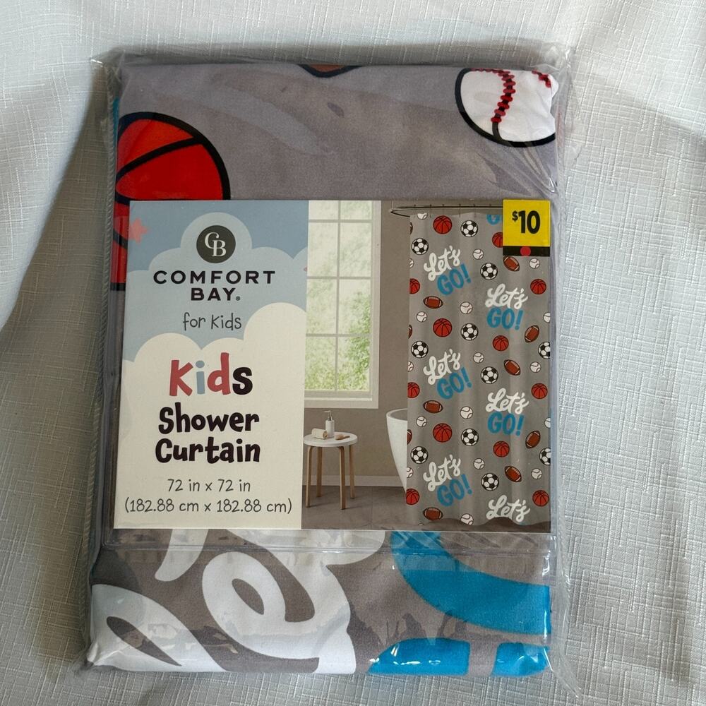 COMFORT BAY KIDS "SPORTS" Shower Curtain 72" X 72" Basketball Baseball Football